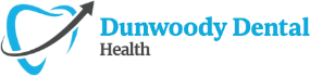 Logo for Dunwoody Dental Health featuring a stylized tooth with an arrow encircling it, and the clinic's name in blue and gray text.